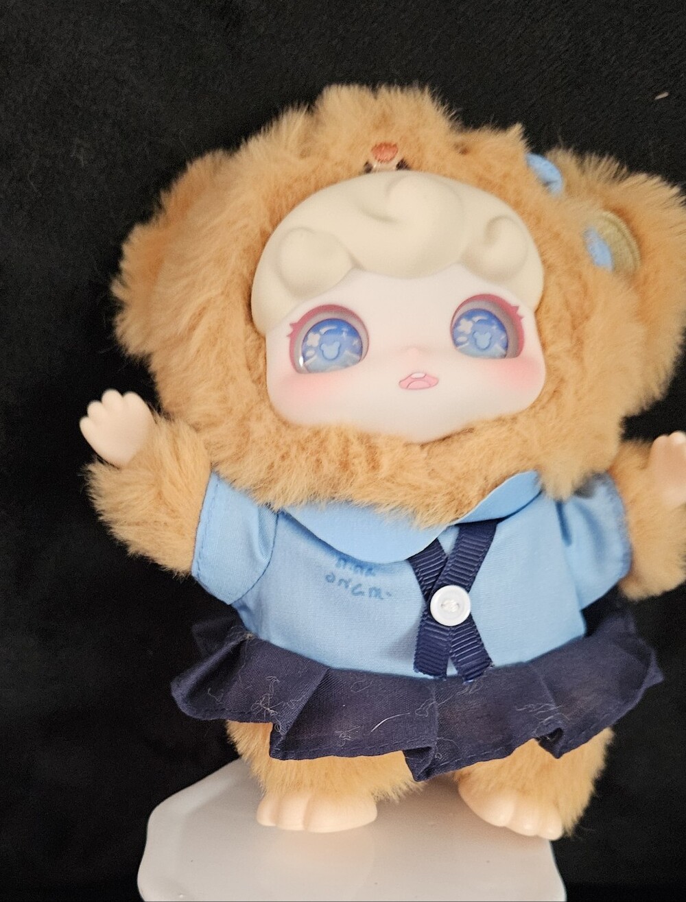 Cute Furry Plush Doll in Blue Shirt and Navy Skirt